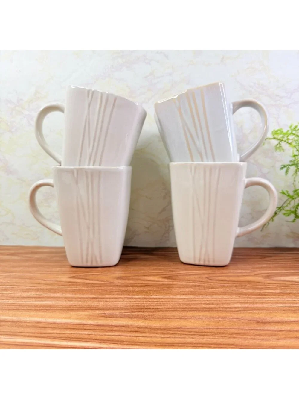 Pier 1 SAKUI Off White Ceramic Square Ribbed Textured Coffee Mugs Cups Set of 4